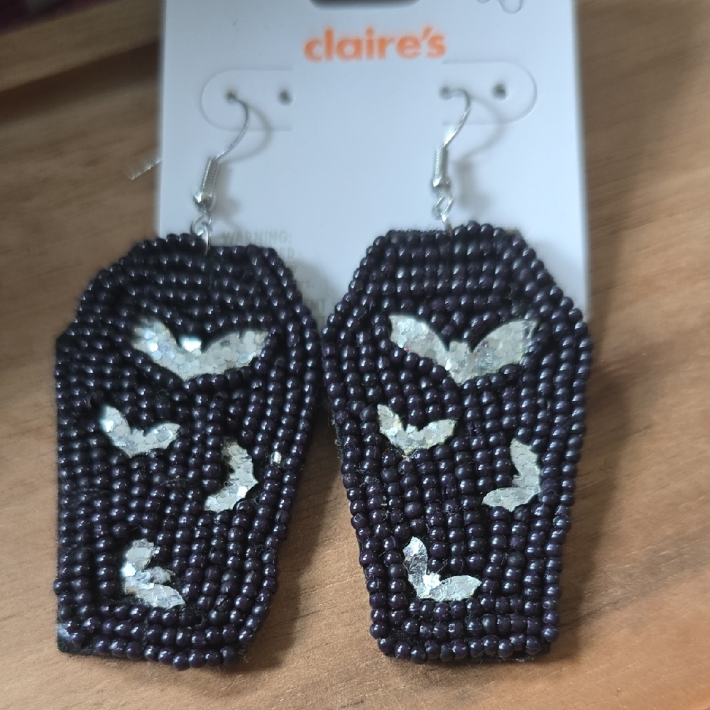 Claire's Dark Beaded Coffin Earrings with Silver Bats